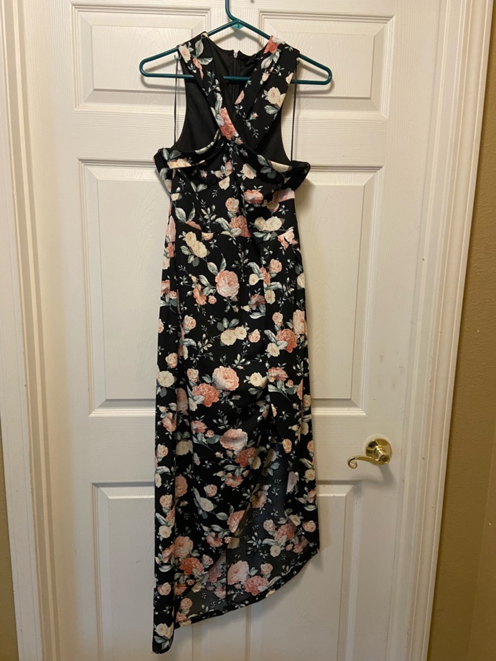 Papillon Blanc Black High-Low Floral Maxi Dress with Pink and Cream Roses